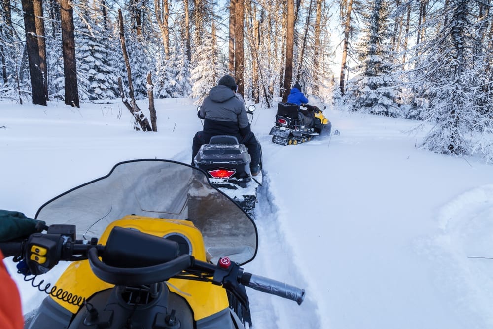 Snowmobiling in the woods.