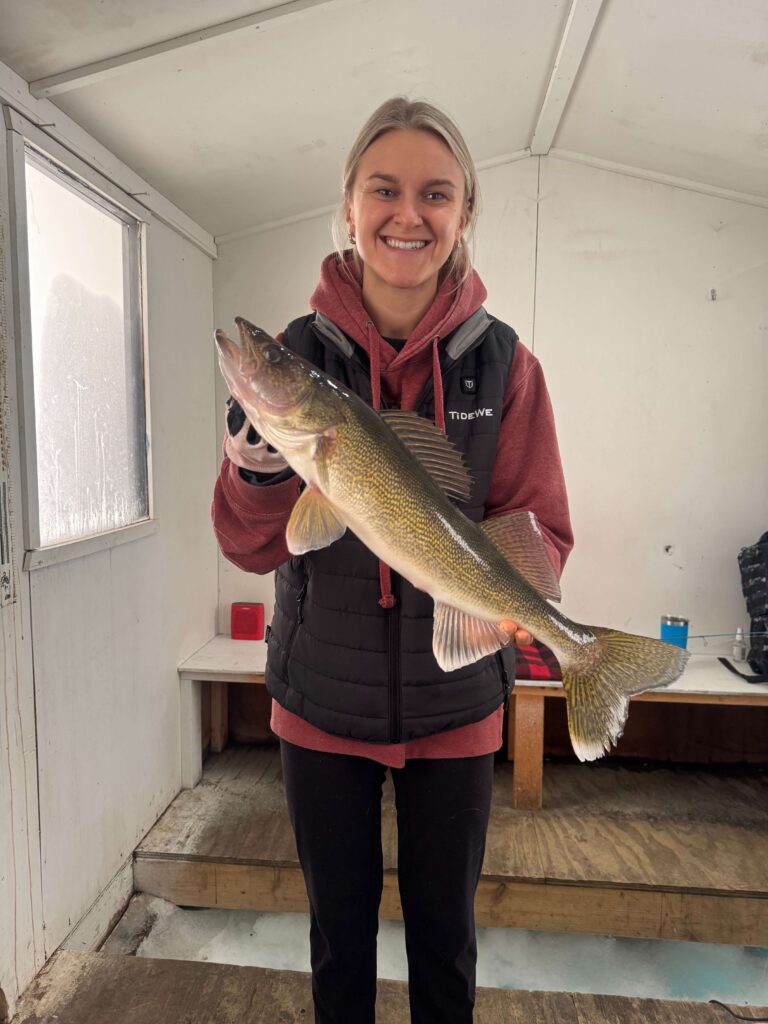 Golden Walleye Ice House Catch Woman standing in an ice house holding a walleye.